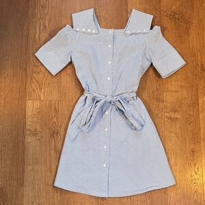 Quaint Off-Shoulder Tailored Striped Dress with Belt